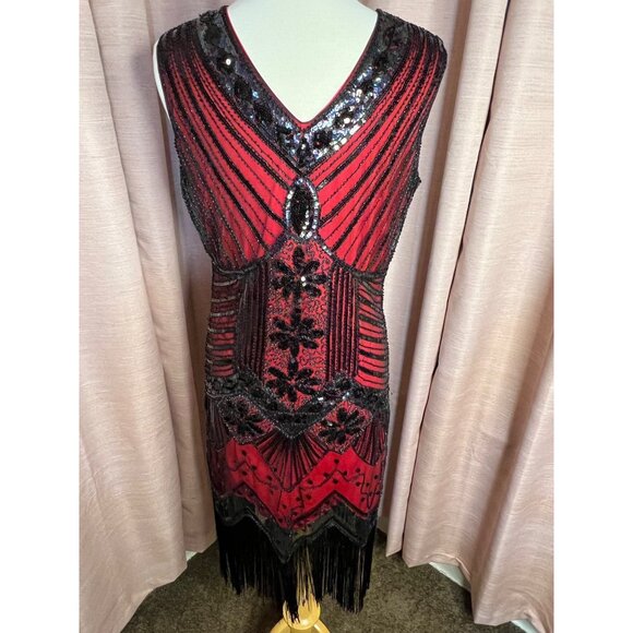 Vintage-Inspired Red & Black Beaded Flapper Dress Fringe Size XL 1920s Gatsby - Picture 9 of 16